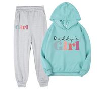 Sky Blue Kids' Unisex Solid Color Daddy's Girl Print Tracksuit Set - Hooded Long-Sleeve Sweatshirt with Elastic Waist Pants, Casual Loose Jogger Set for Boys Girls 6 Years