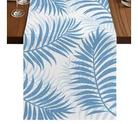 Sky Blue Palm Leaves Table Runner, Summer Botanical Tropical Plant Rustic Cotton and Table Linen Runner for Kitchen Dining Home Decor for Party Festival Holiday Decoration Gift 18x72in