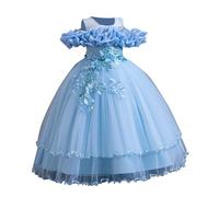 Sky Blue Prom Dress for Girls Long Tutu Dresses Big Girls 3D Flower Cold Shoulder Ruffle Layered Dresses Pageant Princess Tulle Dress for Kid Bridesmaid Christening Elegant Formal Gown