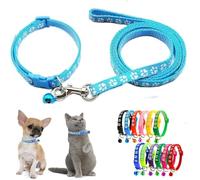 Sky Blue Puppy Collar with Bell Leash Set, Nylon Basic Reflective Girl Dog Collar Paw Print for XXS Xs Small Cat Pet Animal Litter Tiny Kitten