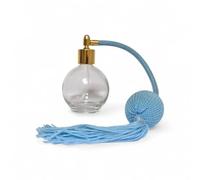 Sky Blue Round Empty Refillable Perfume Glass Bottle Spray Atomizer, 78ml, with Blue Tassel Sprayer and Gold Fitting. Funnel Included