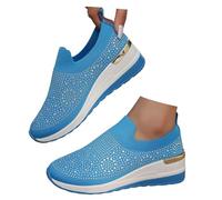 Sky Blue Sparkly Sneakers for Women,Mesh Slip-On Lightweight Bling Dressy Shoes Walking Comfortable Casual Loafers Orthopedic with Sparkling Comfy Platform Sneaker Wedge Heel Running Sneakers