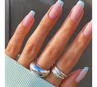 Sky Blue Square Long Press On Nails with Glossy French Tips - Minimalist Pastel Manicure Set of 24 Artificial Nails for Women, Easy Application, Reusable, Daily Wear, Salon Look