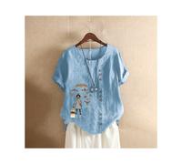 (Sky Blue Traveler, XL) Over Retro Vintage Floral Print Button Blouse Shirts Summer Women O-Neck Short Sleeve Casual Cotton Linen Tops