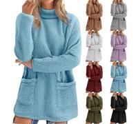 Sky Blue Womens Teddy Fleece Mock Neck Sweatshirts Long Sleeve Turtleneck Sherpa Warm Pullover Tops with Pockets Mid-Length Thicken Thermal Sweatshirt Soft Plush Fluffy Solid Casual Jumpers