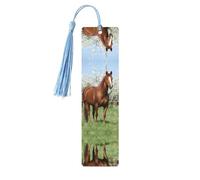 Sky Blue Wooden Bookmark - Double-Sided Horse in Front Flowering Trees Full-Print Tassel Bookmark for Hardcover Books, Journals, Notebooks