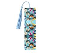 Sky Blue Wooden Bookmark - Double-Sided Origami Paper Crane Full-Print Tassel Bookmark for Hardcover Books, Journals, Notebooks