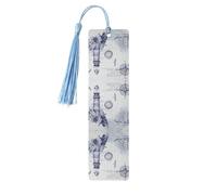 Sky Blue Wooden Bookmark - Double-Sided Sail Boat Nautical Compass Full-Print Tassel Bookmark for Hardcover Books, Journals, Notebooks