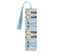 Sky Blue Wooden Bookmark - Double-Sided Snowman with Seashells Sitting On Sandy Beach (1) Full-Print for Hardcover Books, Journals, Notebooks - Ideal Thoughtful Gift