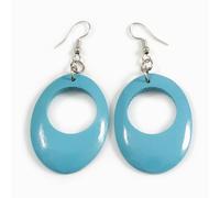 Sky Breeze - Light Blue Wooden Oval Drop Earrings - 65mm Long with Glossy Finish