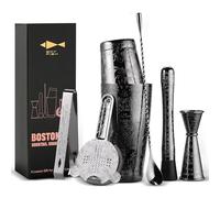 SKY FISH Boston Cocktail Shaker Set, 7-piece Bartender Kit (Black)