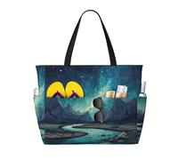 Sky Mountains and Rivers Print Large Capacity Beach Travel Bag, Waterproof Beach Tote Bag with Zip and Pocket, Tote Bags for Traveling, Shopping, Pool