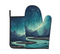 Sky Mountains And Rivers Print Oven Mitts And Pot Holders Sets 7"X11" Kitchen Essentials 2-Piece Set Bbq, Baking