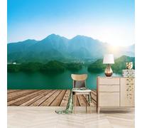 Sky Mountains Green Lake Forest 3D Wallpaper Premium Textured Silk Study Dining Living Room Bedroom Sofa TV Wall Easy Install-200cm×140cm
