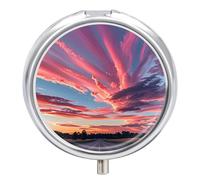 Sky Scenery of Sunset Beauty Metal Pill Organizer, 3 Compartment Waterproof Pill Case with Mirror for Purse Pocket Bag, Daily Medicine Vitamin Holder, Portable Travel Med Container(Round)