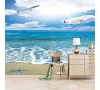 Sky Sea Birds in Flight Sandy Shore Starfish 3D Wallpaper Easy Install Feature Office Living Room Sofa Bedroom TV Background Wall Decoration-150cm×105cm