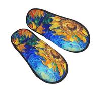 Sky Sunflower Slippers for Women Men Starry Night Non-Slip House Slippers Indoor Comfy Fuzzy Footwear Memory Foam Bedroom Travel Shoes M