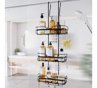 Skyapex Shower Caddy Over the Door Organizer: Bath Rack Hanging Over Glass with Hooks - Storage Shelf Inside Bathroom for Shampoo - Matte Black