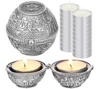 Skybooly Jewish Shabbat Metal Travel Candle Holders Silver Travel Size Jerusalem Candlesticks with 10 Pcs Mini Tealight Candles Small White Votive Tea Lights Candles Unscented Set for Home Shabbat
