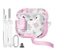 Skyconser with Safety Lock for AirPods Pro 2nd 1st Generation Case Cover,Clear Floral Cute AirPods Pro 2 Case with Phone Stand & Cleaning Kit for AirPod Pro Case for Women Girly-Pink Narcissus
