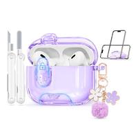 Skyconser with Safety Lock for AirPods Pro 2nd/1st Generation Case with Cleaner Kit,Soft TPU Clear AirPods Pro Cover,Port Dust and Stand Design,Full Protection iPod Pro Charging Case-Clear Purple