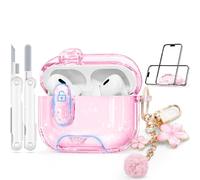 Skyconser with Safety Lock for AirPods Pro 2nd/1st Generation Case with Cleaner Kit,Soft TPU Clear AirPods Pro Cover,Port Dust and Stand Design,Full Protection iPod Pro Charging Case-Glitter Pink