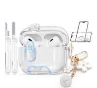 Skyconser with Safety Lock for AirPods Pro 3 Case 2025,Clear Cases with Phone Stand & Cleaning Kit,Soft TPU Cover for Airpods Pro 3rd Generation Case,Cute Bling Keychain for Women Girls-Clear+White