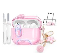 Skyconser with Safety Lock for AirPods Pro 3 Case 2025,Clear Cases with Phone Stand & Cleaning Kit,Soft TPU Cover for Airpods Pro 3rd Generation Case,Cute Bling Keychain for Women Girls-Glitter Pink