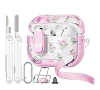 Skyconser with Safety Lock for AirPods Pro 3 Case 2025,Clear Floral Cute Airpods Pro 3rd Generation Case with Phone Stand & Cleaner Kit for Apple AirPods Pro 3 for Women Girly-Pink Narcissus
