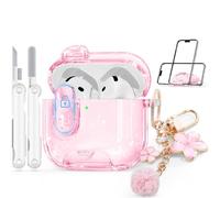 Skyconser with Safety Lock for Apple AirPods 4 Case 2024,Clear Cases with Phone Stand & Cleaning Kit,Soft TPU Cover for AirPods 4th Generation Case,Cute Bling Keychain for Women Girls-Glitter Pink