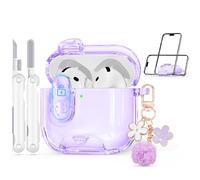 Skyconser with Safety Lock for Apple AirPods 4 Case 2024,Clear Cases with Phone Stand & Cleaning Kit,Soft TPU Cover for AirPods 4th Generation Case,Cute Bling Keychain for Women Girls-Clear Purple