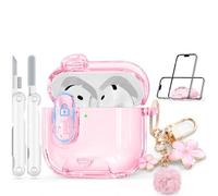Skyconser with Safety Lock for Apple AirPods 4 Case 2024,Clear Cases with Phone Stand & Cleaning Kit,Soft TPU Cover for AirPods 4th Generation Case,Cute Bling Keychain for Women Girls-Clear Pink