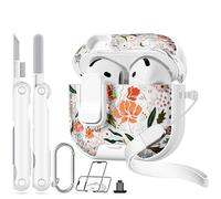Skyconser with Safety Lock for Apple AirPods 4 Case,Clear Floral Cute AirPod 4th Generation Case with Phone Stand & Cleaning Kit for Women Girly-Orange Flower