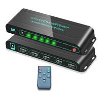 SkycropHD 8K@60Hz HDMI 2.1 Switch, 4K@120Hz 4 in 1 Out HDMI Auto Switcher with Remote Support 48Gbps, HDR10+, HDCP2.3, Dolby Vision/Atmos and CEC