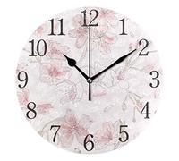 SKYDA Wall Clock Arabic Numerals Design Pink Flowers Round Wall Clock for Living Room Bathroom Home Decorative