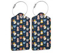 SKYDAWNY 2 Pack Luggage Tag,Cute Cat Animal Prints Leather Suitcases Tags with Stainless Steel Loop Identifiers Privacy Cover Name ID Label Card Travel Baggage Bag for Women Men