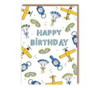 Skydiving Theme Birthday Card - Cute Illustrations of Sky Diving Essentials 'Happy Birthday' - Cute Birthday For Her For Him