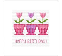 Skye Stitching & Photos 3 Flower Pots Mum - Happy Birthday (1 or 2 Lines) - 14 Count Cross Stitch Card Kit 5.5" x 5.5" (1 Line - White Card)