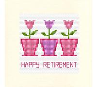 Skye Stitching & Photos 3 Tulip Flower Pots (Pink & Purple) - Retirement Greeting Card, 14 Count Cross Stitch Kit 5.5" x 5.5" (Ivory Linen Effect Card)