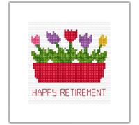Skye Stitching & Photos Tulips in a Red Flower Box - Retirement Greeting Card, 14 Count Cross Stitch Kit 5.5" x 5.5" (White Card)