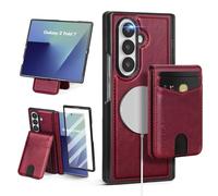SkyEagle Compatible with Magsafe Detachable Magnetic Samsung Galaxy Z Fold 7 Phone Wallet Case with Card Holder | Built-in Screen Protector | Kickstand | RFID Blocking | PU Leather Cover |Wine Red