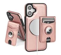 SkyEagle Compatible with MagSafe Phone 17 Case Wallet with AirTag Holder,2 in 1 PU Leather Magnetic Detachable RFID Blocking Credit Card Holder Flip Cover Kickstand for Men Women,Rose Gold