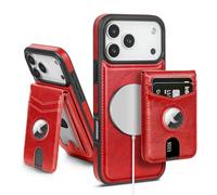 SkyEagle Compatible with MagSafe Phone 17 Pro Case Wallet with AirTag Holder,2 in 1 PU Leather Magnetic Detachable RFID Blocking Credit Card Holder Flip Cover Kickstand for Men Women,Red