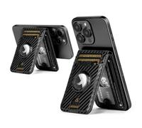 SkyEagle RFID Blocking MagSafe Wallet Stand with AirTag Card Holder,5 Card Slots & ID Window,PU Leather Magnetic Phone Kickstand for iPhone 12/13/14/15/16/17 Pro Max & Air Plus Series,Carbon Black