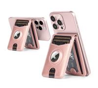 SkyEagle RFID Blocking MagSafe Wallet Stand with AirTag Card Holder,5 Card Slots & ID Window,PU Leather Magnetic Phone Kickstand for iPhone 12/13/14/15/16/17 Pro Max & Air Plus Series,Rose Gold