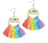 Skyfun 2025 Graduation Back to School Teacher Earrings for Women Cute Boho Handmade Woven Rainbow Tassel Dangle Earrings for Teachers Appreciation Gifts from Students, Wood, No Gemstone