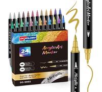 SKYGLORY 24 Colours Dual Tip Metallic Acrylic Paint Pens Set, Fine & Brush Nib Metallic Paint Markers, Multi-Surface Acrylic Marker Pens for Crafts, Rocks, Canvas, Glass, Wood, Ceramics & Clothes