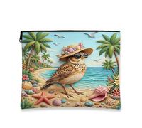 Skylark Bird Makeup Bag, Relief Coastal Beach Shells Cosmetic Travel Pouch for Women, Portable Small Canvas Zipper Organizer, Tropical Toiletry Bag 7x9 Inch