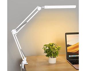 SKYLEO LED Desk Lamp with Clip - Eye Protection Desk Lamps for Study - Swing Arm USB Desk Lamp Office - 3 Light Modes x 10 Brightness Levels - 5V/2A Adapter - White