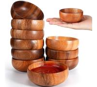 Skylety 10 Pcs Acacia Wooden Bowls Small Calabash Bowls Round Wood Salad Hand Carved Calabash Dip Tray for Serving Popcorn Pasta Candy Cereal Coconut Nuts Sauce Appetizers Kitchen (3 Inch)
